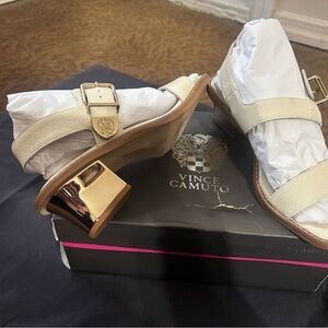 Vince Camuto Cream Leather Block Heel Sandals with Gold Accent